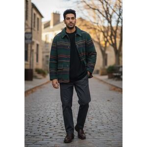 Woolrich Mens L Striped Wool Blend Jacket Green Multi Color Snap Front Coat USA